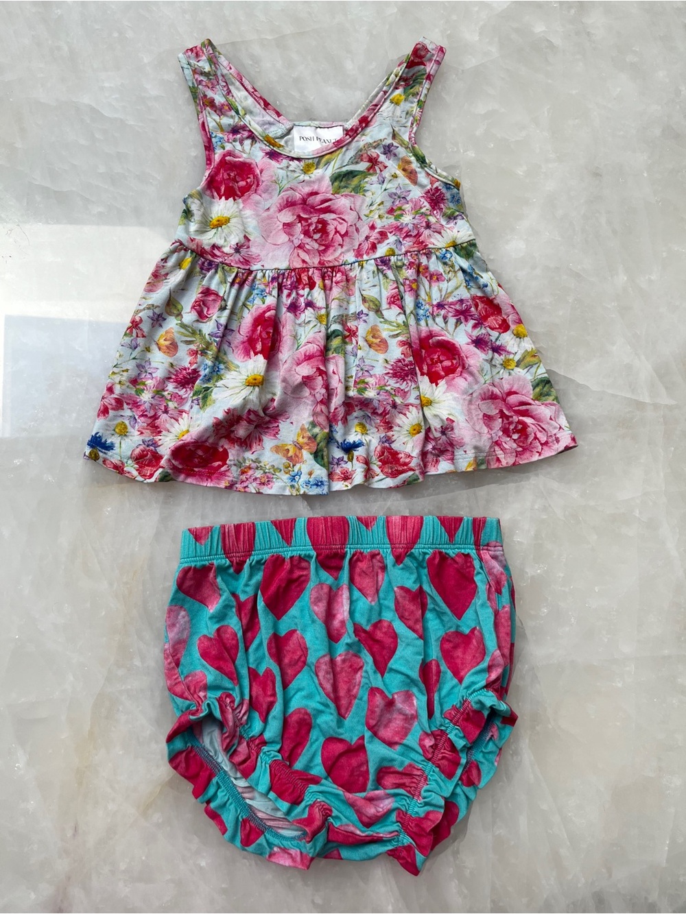 Posh Peanut Pink Floral Tank Top with Turquoise Heart Bloomers